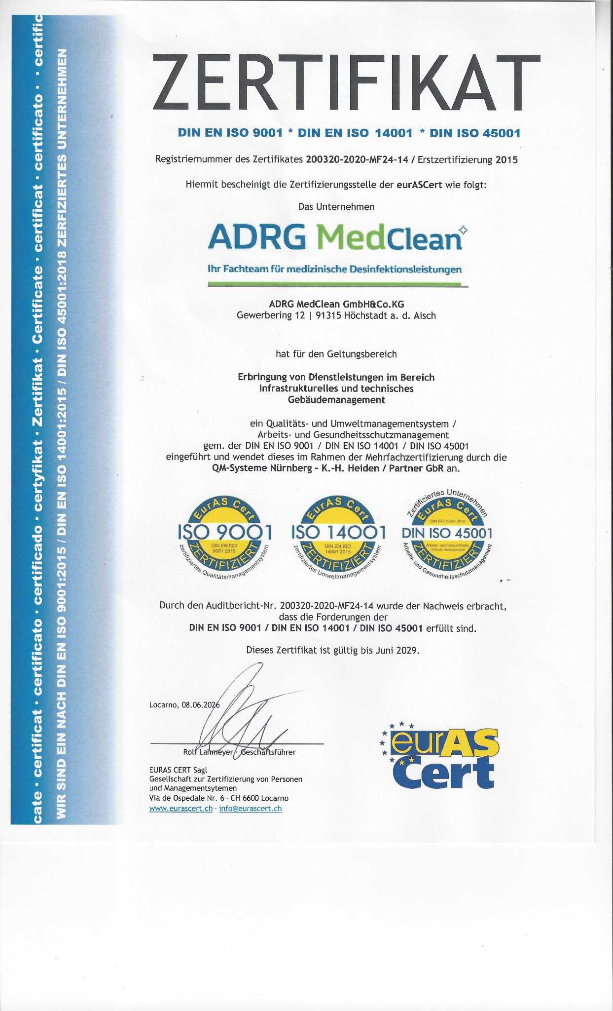 ADRG MedClean Zertifikat ISO 9001 ISO 14001 ISO 45001